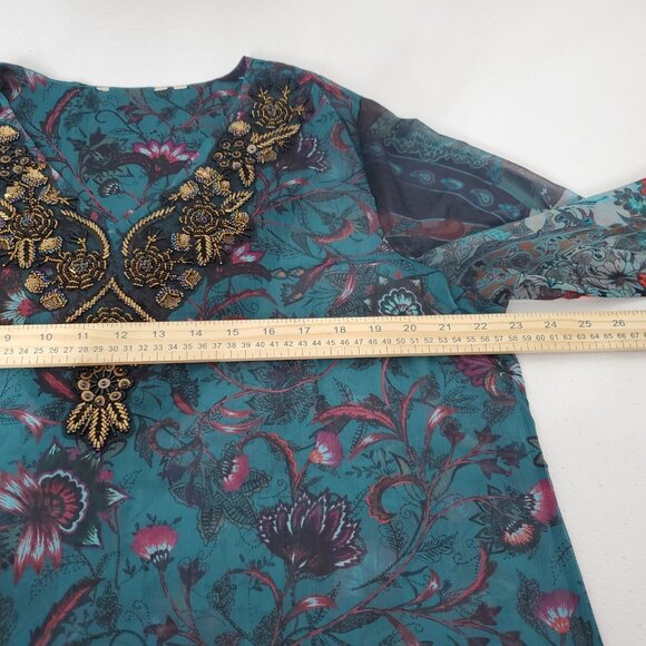 Soft Surrounding Womens Floral Beaded V Neck Tuinc Top Sheer Boho Art To Wear - Picture 6 of 8